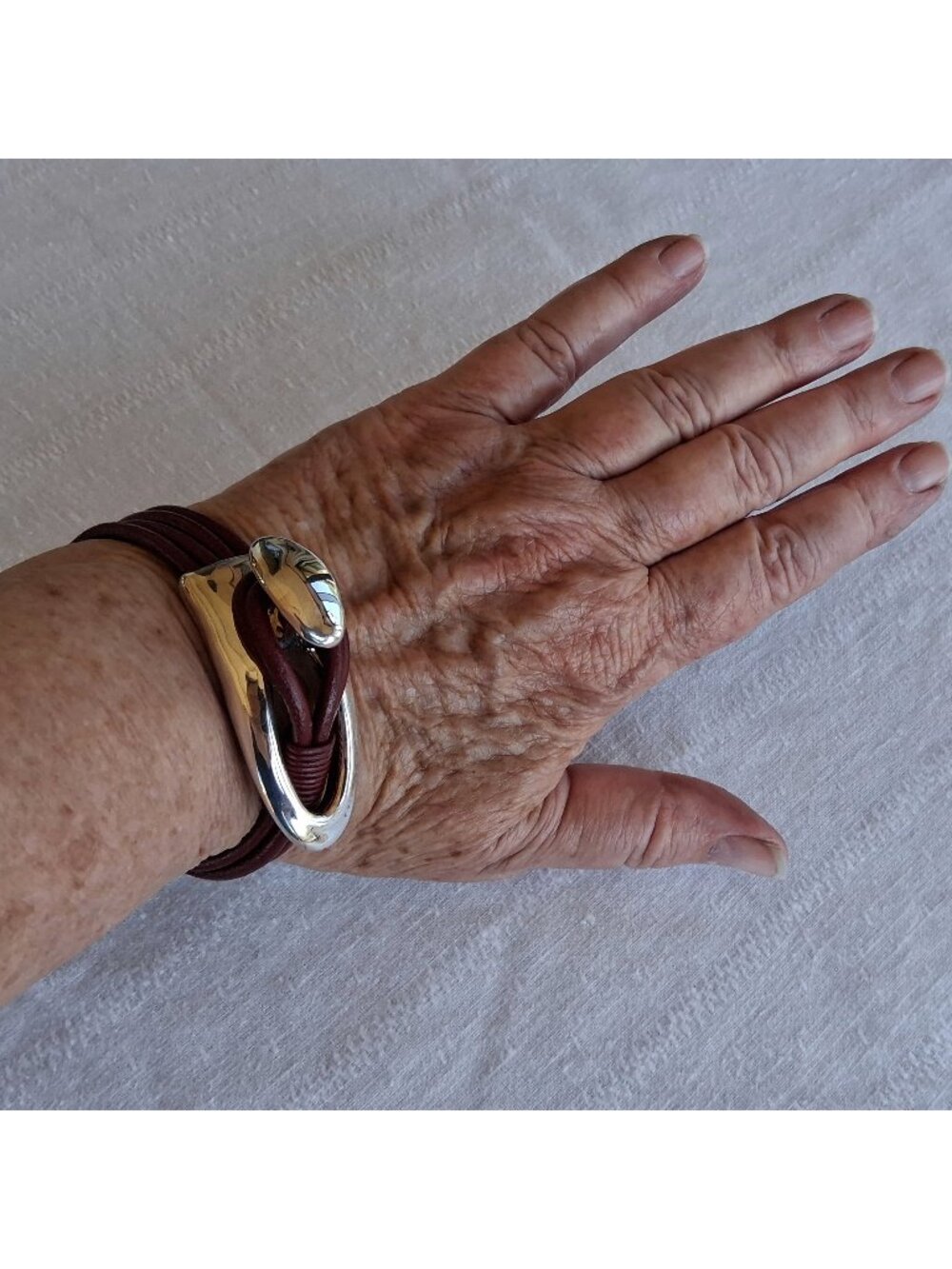 Modernist Buckle Bracelet in Red Leather and Electroform Sterling, 17g, Unisex